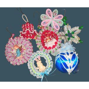 Vintage Handmade Christmas Ornaments Lot of 7 Beaded & Lace Angel Bunny Deer Sta